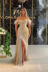 Sequins Off the Shoulder Strapless Mermaid Prom Dress Split With Ruffles