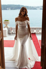 Sequins Off the Shoulder Strapless Sleeveless Prom Dress Mermaid With Pleated