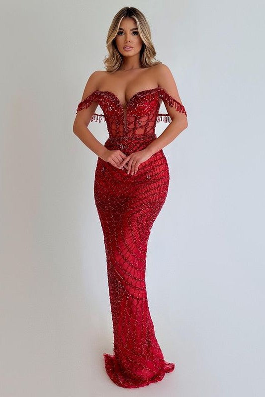 Sequins Red Off the Shoulder Prom Dress Sleeveless Strapless Long Tassel