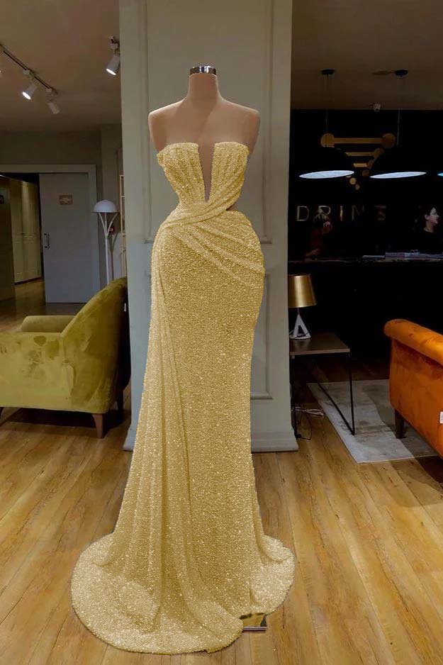 Sequins Sleeveless Gorgeous White Strapless Prom Dress With Pleated Online