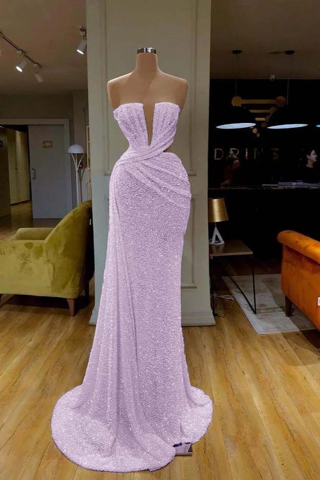 Sequins Sleeveless Gorgeous White Strapless Prom Dress With Pleated Online