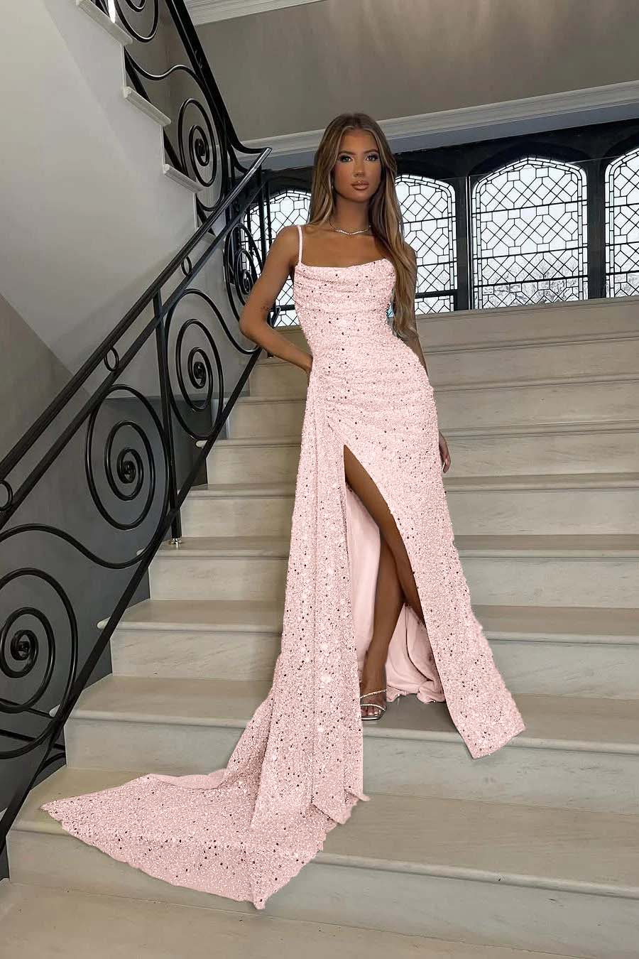 Sequins Spaghetti Strap Sleeveless Long Mermaid Prom Dress With Split