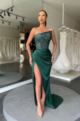 Sequins Strapless Sleeveless Dark Green Pleated Prom Dress With High Split
