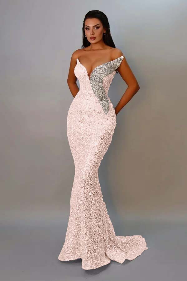 Sequins Strapless Sleeveless Long Mermaid Prom Dress With Pleated
