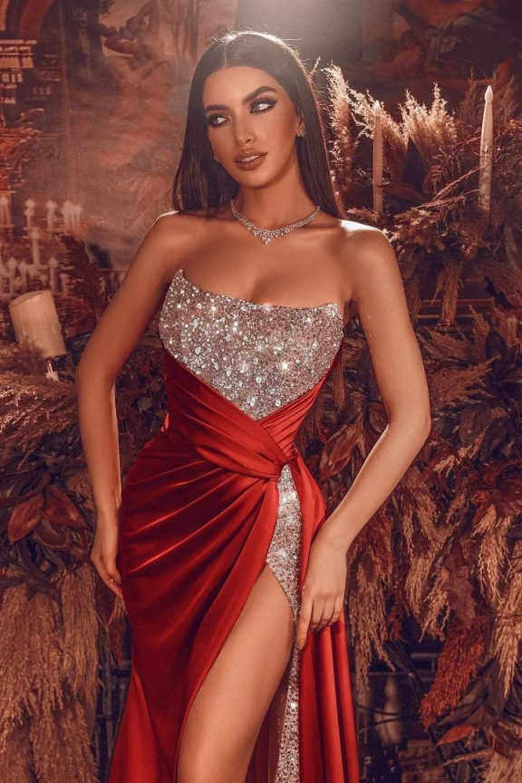 Sequins Strapless Sleeveless Long Mermaid Prom Dress With Split