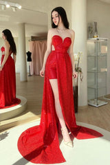 Sequins Strapless Sweetheart Sleeveless Long Prom Dress With Split