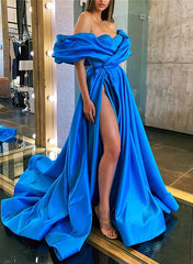 Sexy A-Line Off-The-Shoulder Satin Long Prom Dresses With Split-27dress