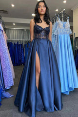 Sexy A Line Spaghetti Straps Sequined Lace Prom Dress With Split Front-27dress