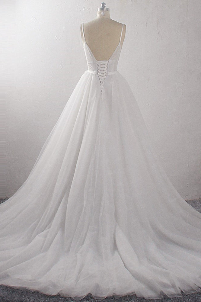 Sexy A-Line Spaghetti Straps Tulle Wedding Dress Deep-V-Neck Appliques Sleeveless Bridal Gowns Online-27dress