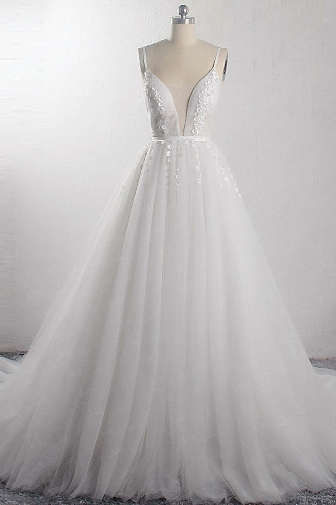 Sexy A-Line Spaghetti Straps Tulle Wedding Dress Deep-V-Neck Appliques Sleeveless Bridal Gowns Online-27dress