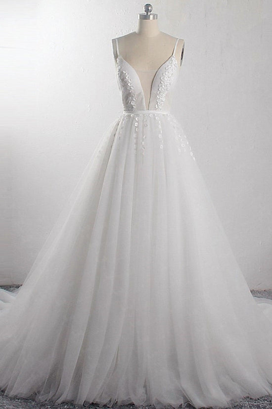 Sexy A-Line Spaghetti Straps Tulle Wedding Dress Deep-V-Neck Appliques Sleeveless Bridal Gowns Online-27dress