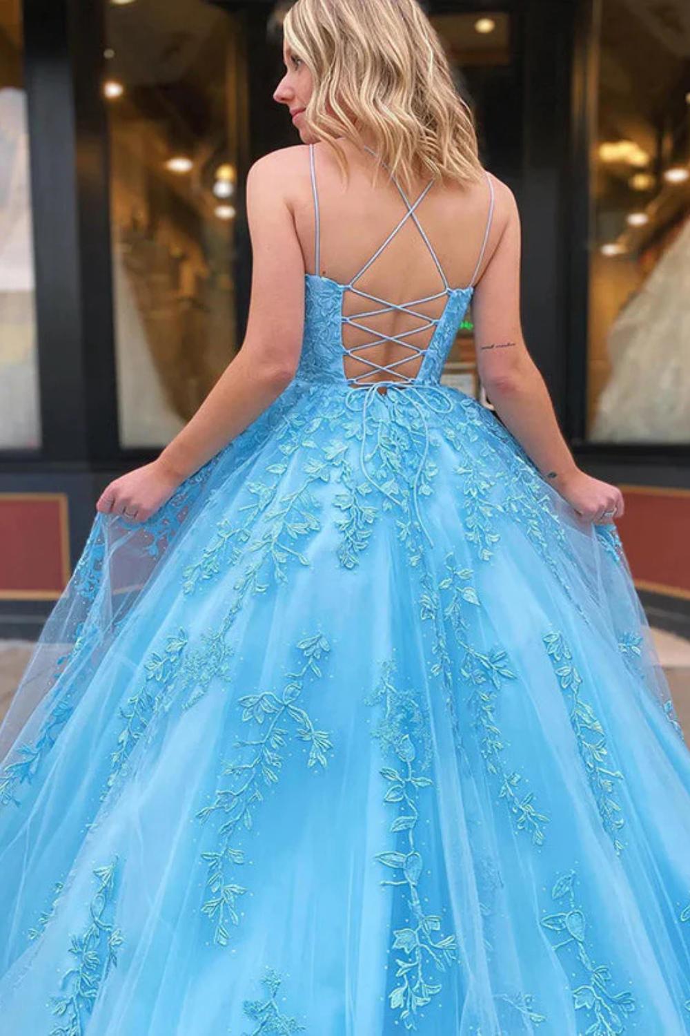 Sexy A-Line Square Neckline Spaghetti Straps Lace Long Prom Dress-27dress