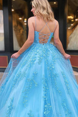 Sexy A-Line Square Neckline Spaghetti Straps Lace Long Prom Dress-27dress