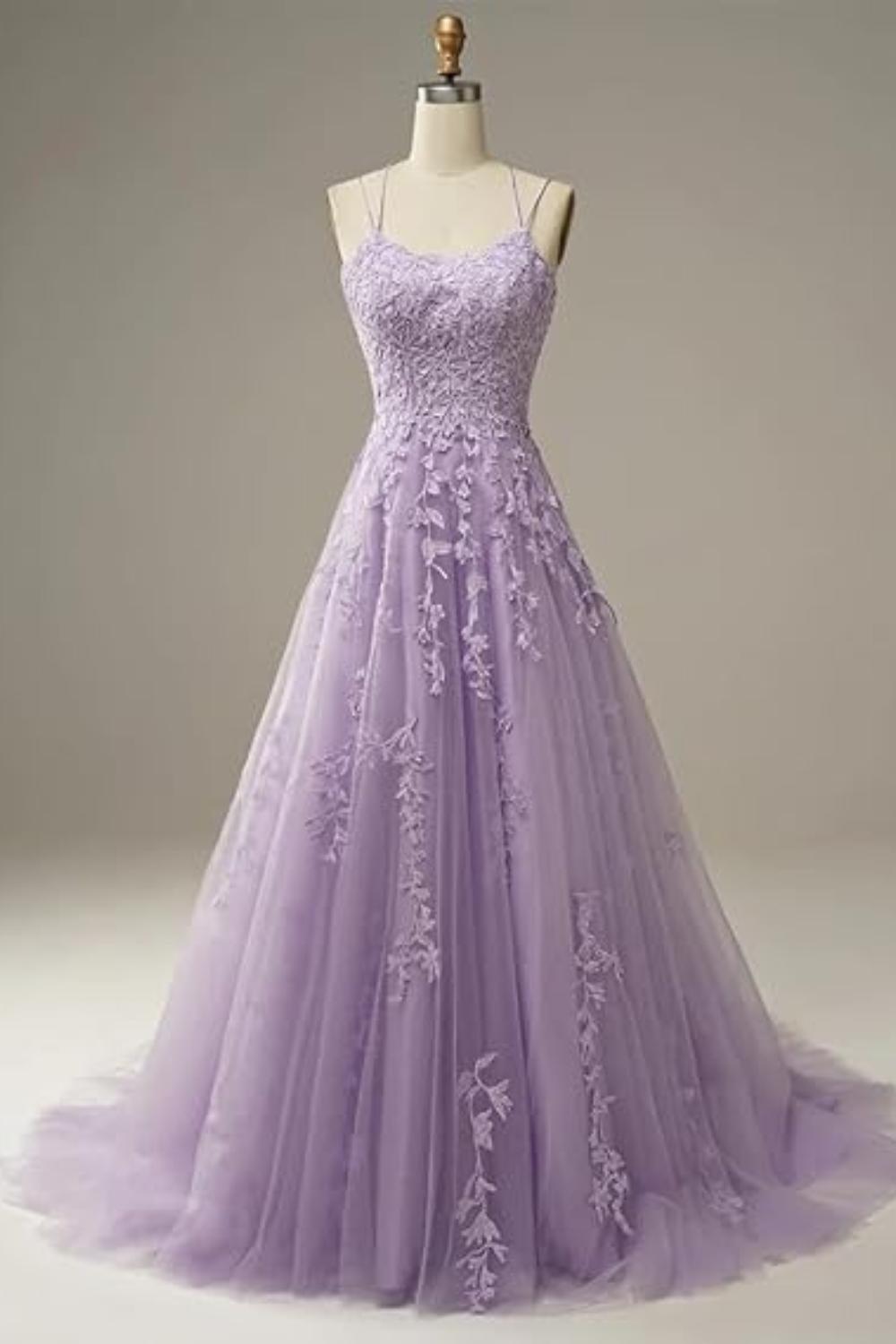 Sexy A-Line Square Neckline Spaghetti Straps Lace Long Prom Dress-27dress