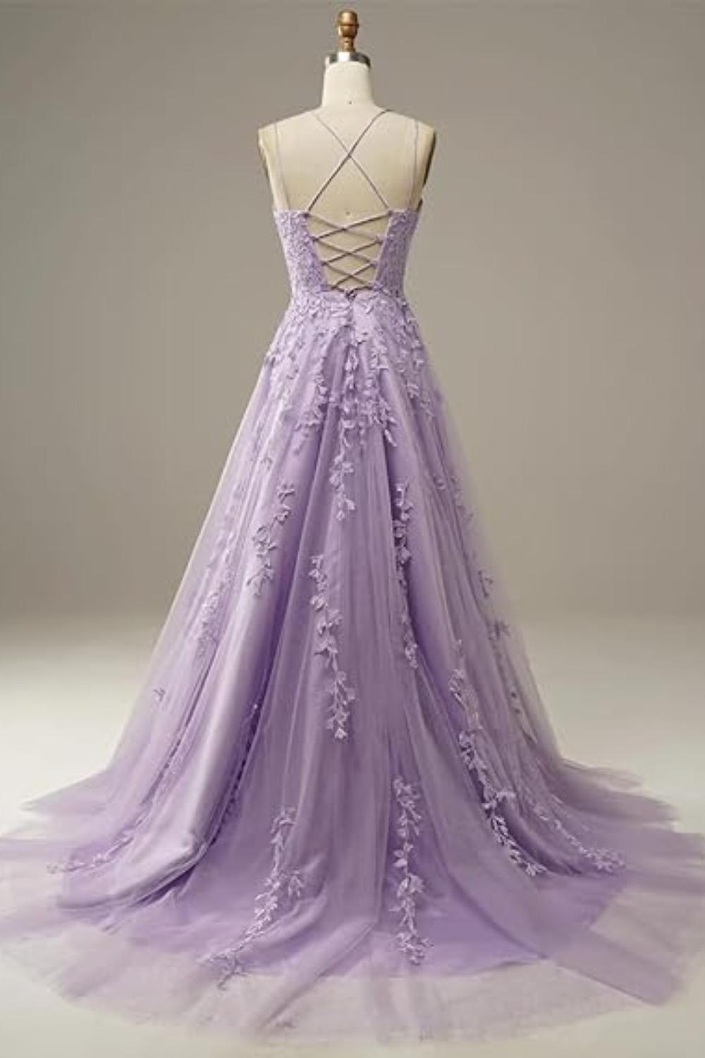 Sexy A-Line Square Neckline Spaghetti Straps Lace Long Prom Dress-27dress