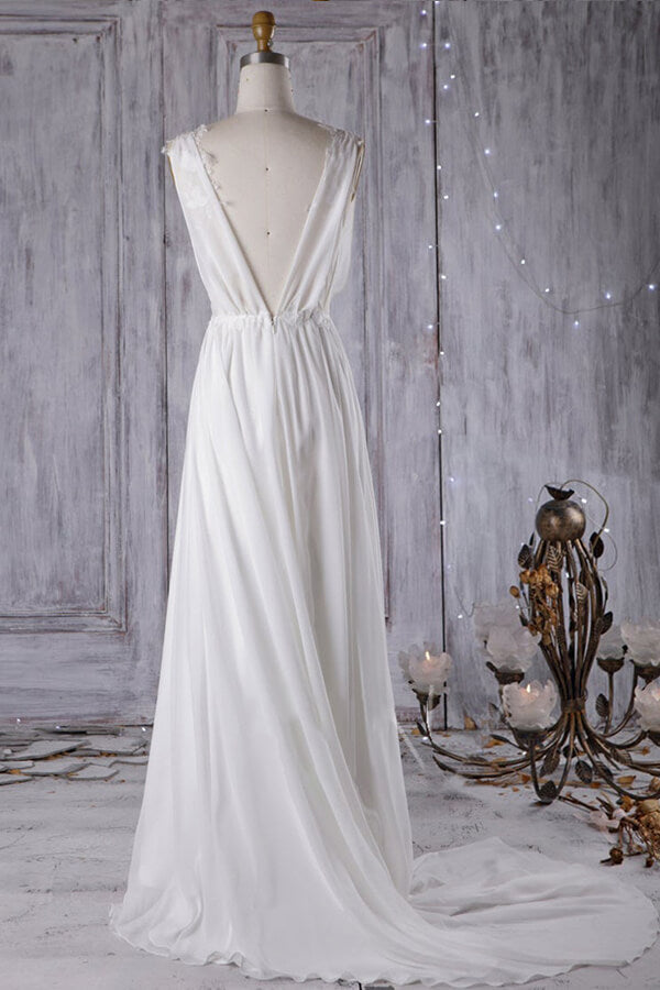 Sexy A-line V-Neck Chiffon Wedding Dress Sleeveless Lace Appliques Bridal Gowns On Sale-27dress