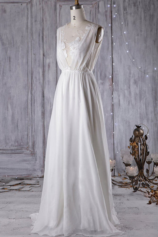 Sexy A-line V-Neck Chiffon Wedding Dress Sleeveless Lace Appliques Bridal Gowns On Sale-27dress