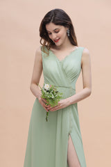 Sexy Chiffon Ruffles Dusty Sage Bridesmaid Dress with Lace Edge On Sale-27dress