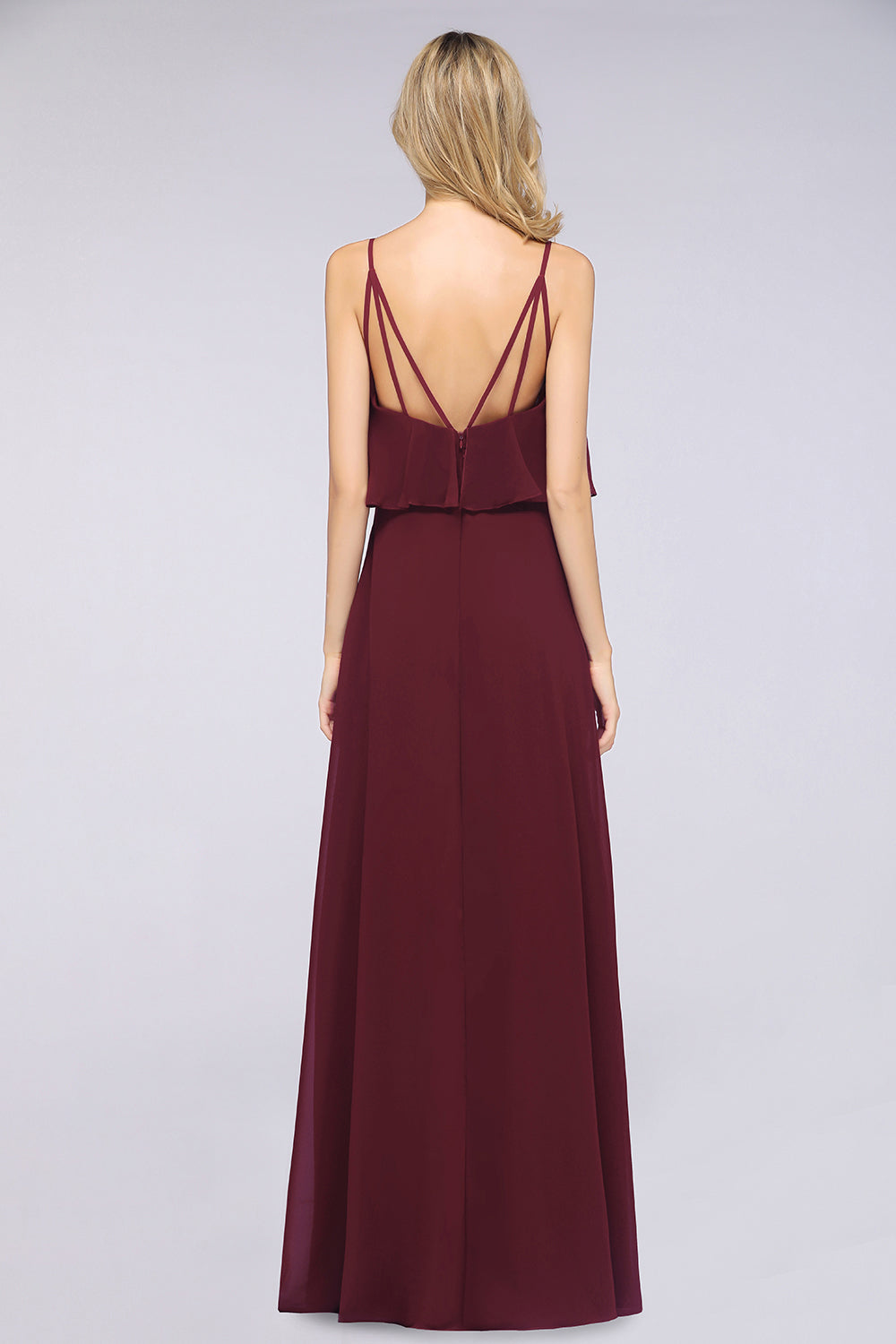 Sexy Chiffon V-Neck Burgundy Chiffon Bridesmaid Dresses with Spaghetti Straps-27dress