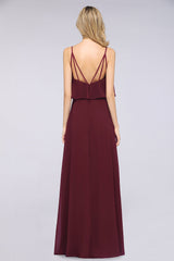 Sexy Chiffon V-Neck Burgundy Chiffon Bridesmaid Dresses with Spaghetti Straps-27dress