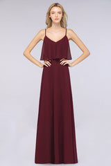 Sexy Chiffon V-Neck Burgundy Chiffon Bridesmaid Dresses with Spaghetti Straps-27dress