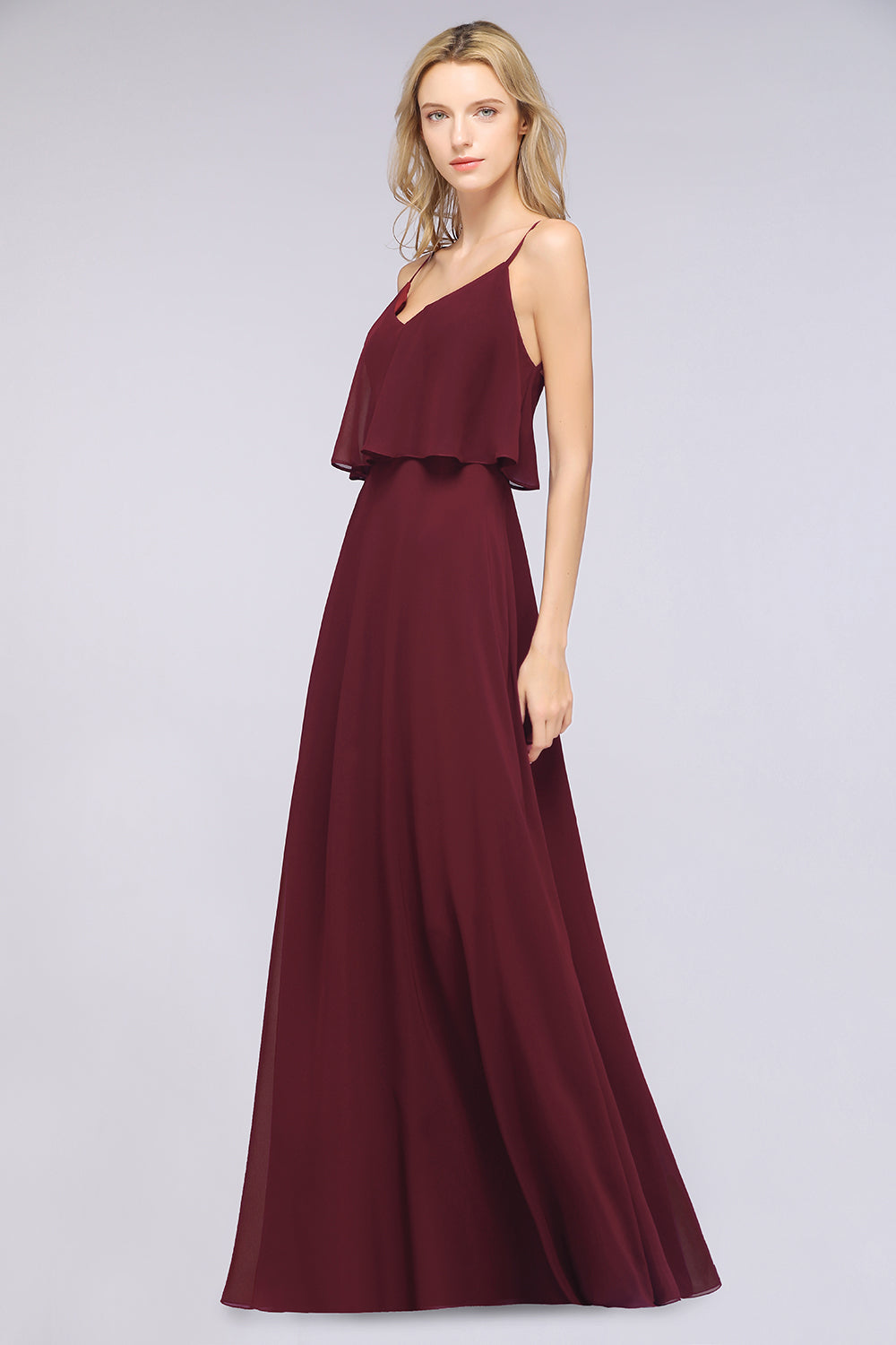 Sexy Chiffon V-Neck Burgundy Chiffon Bridesmaid Dresses with Spaghetti Straps-27dress