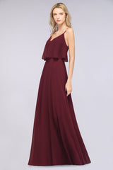 Sexy Chiffon V-Neck Burgundy Chiffon Bridesmaid Dresses with Spaghetti Straps-27dress