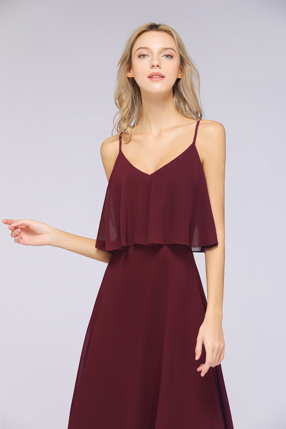 Sexy Chiffon V-Neck Burgundy Chiffon Bridesmaid Dresses with Spaghetti Straps-27dress