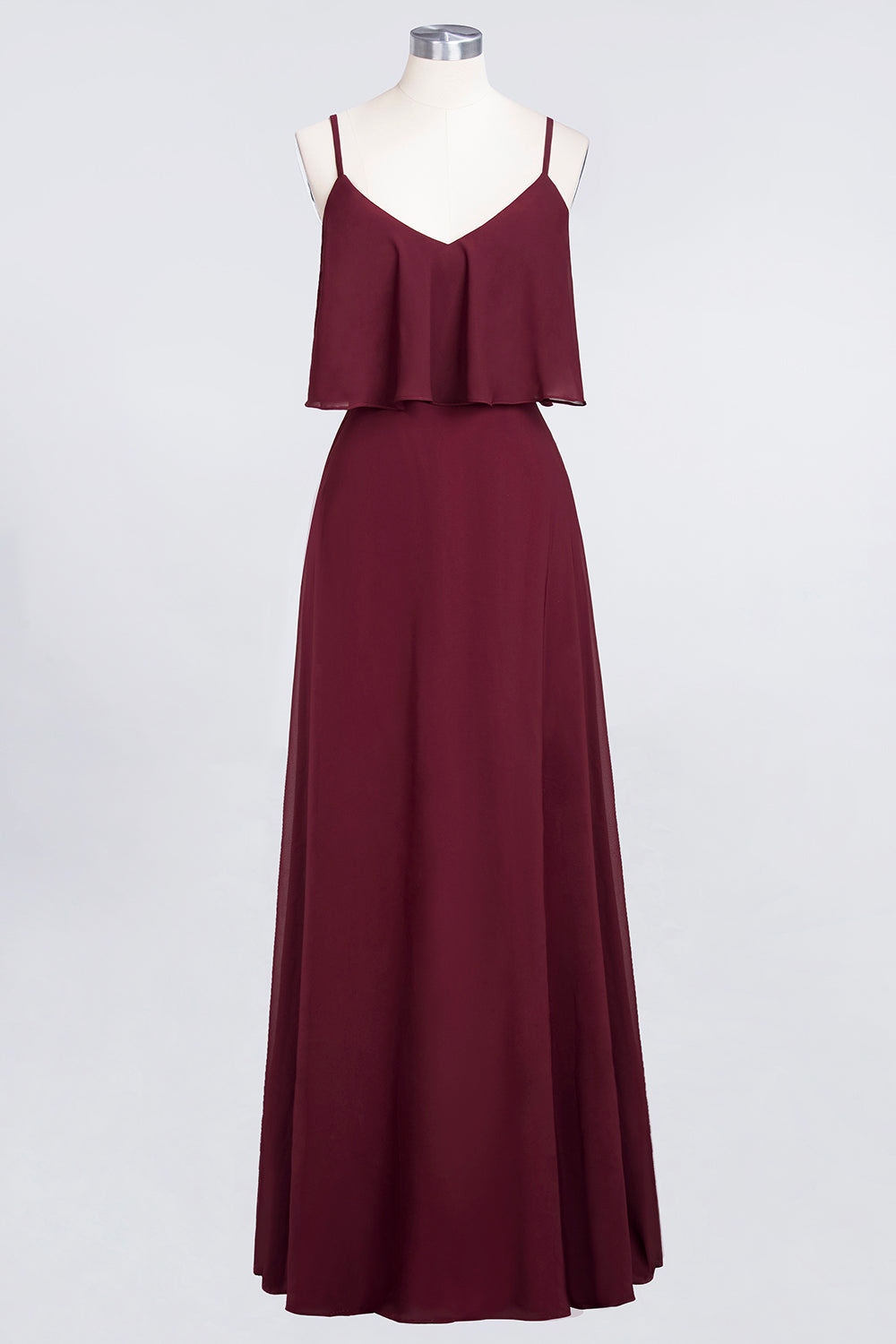 Sexy Chiffon V-Neck Burgundy Chiffon Bridesmaid Dresses with Spaghetti Straps-27dress