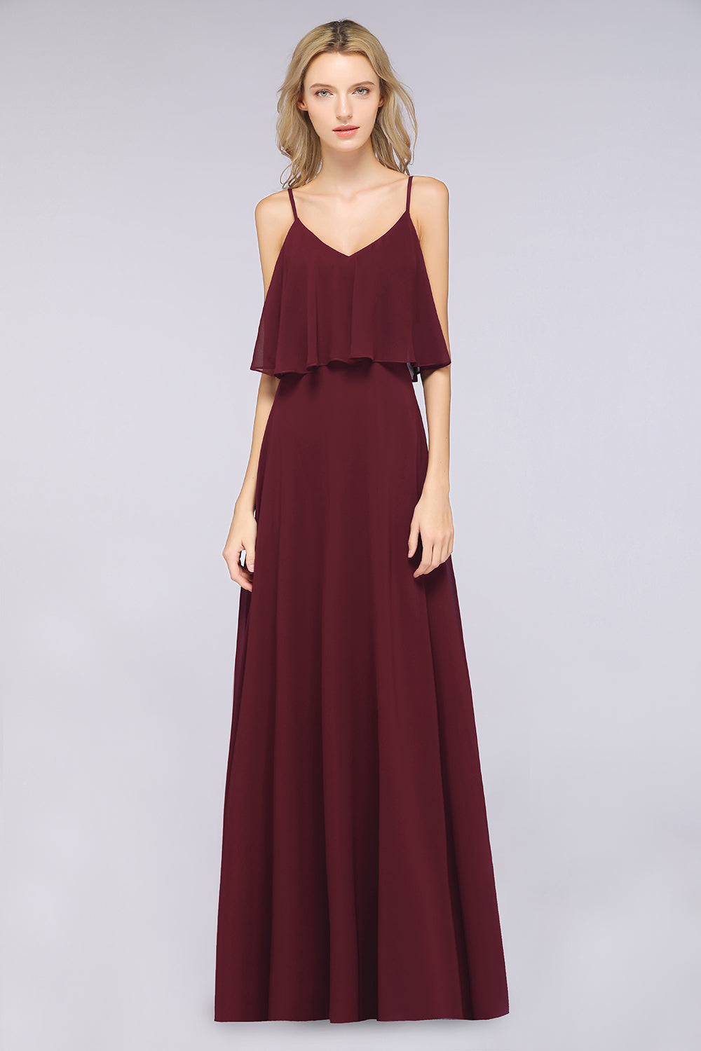 Sexy Chiffon V-Neck Burgundy Chiffon Bridesmaid Dresses with Spaghetti Straps-27dress