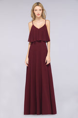 Sexy Chiffon V-Neck Burgundy Chiffon Bridesmaid Dresses with Spaghetti Straps-27dress