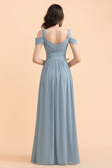 Sexy Cold-Shoulder Dusty Blue Chiffon Bridesmaid Dress with Slit On Sale-27dress