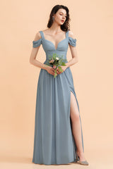 Sexy Cold-Shoulder Dusty Blue Chiffon Bridesmaid Dress with Slit On Sale-27dress