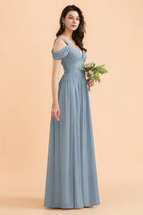 Sexy Cold-Shoulder Dusty Blue Chiffon Bridesmaid Dress with Slit On Sale-27dress