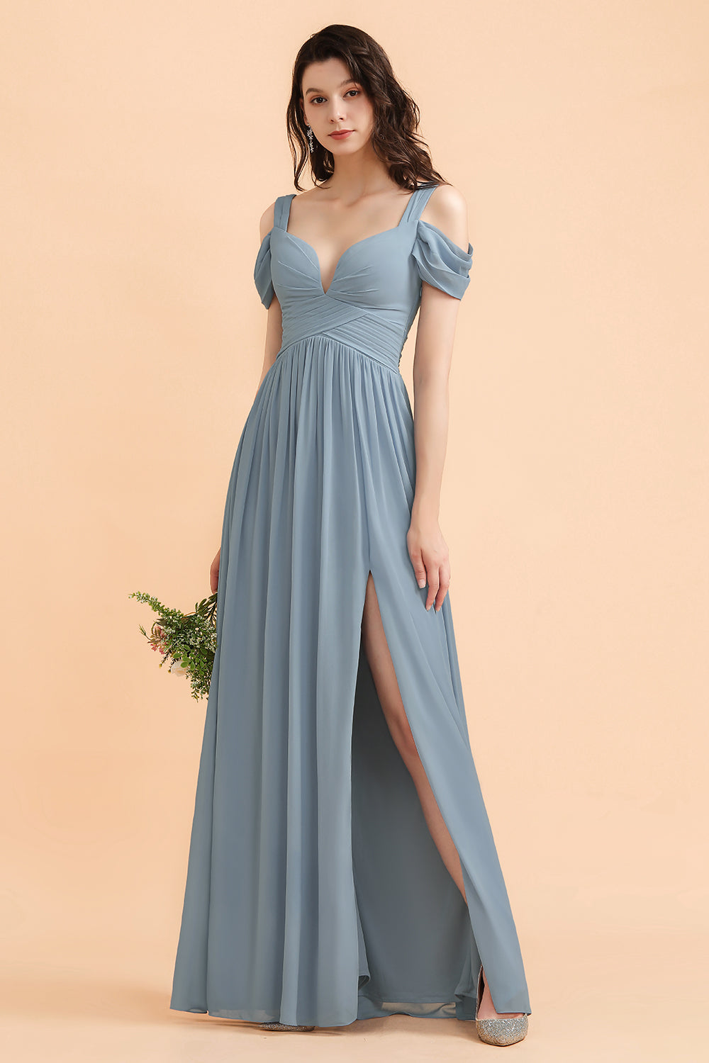 off the shoulder dusty blue bridesmaid dresses AW.Bridal Mermaid Straight Neckline Floor Length Off the Shoulder Split Long Bridesmaid Dresses Dress Dusty Blue Size 6