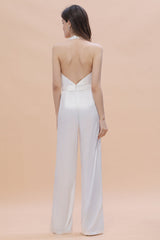 Sexy Deep-V-Neck Halter Backless Charmeuse Bridesmaid Jumpsuit Online-27dress