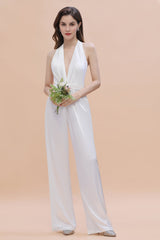 Sexy Deep-V-Neck Halter Backless Charmeuse Bridesmaid Jumpsuit Online-27dress