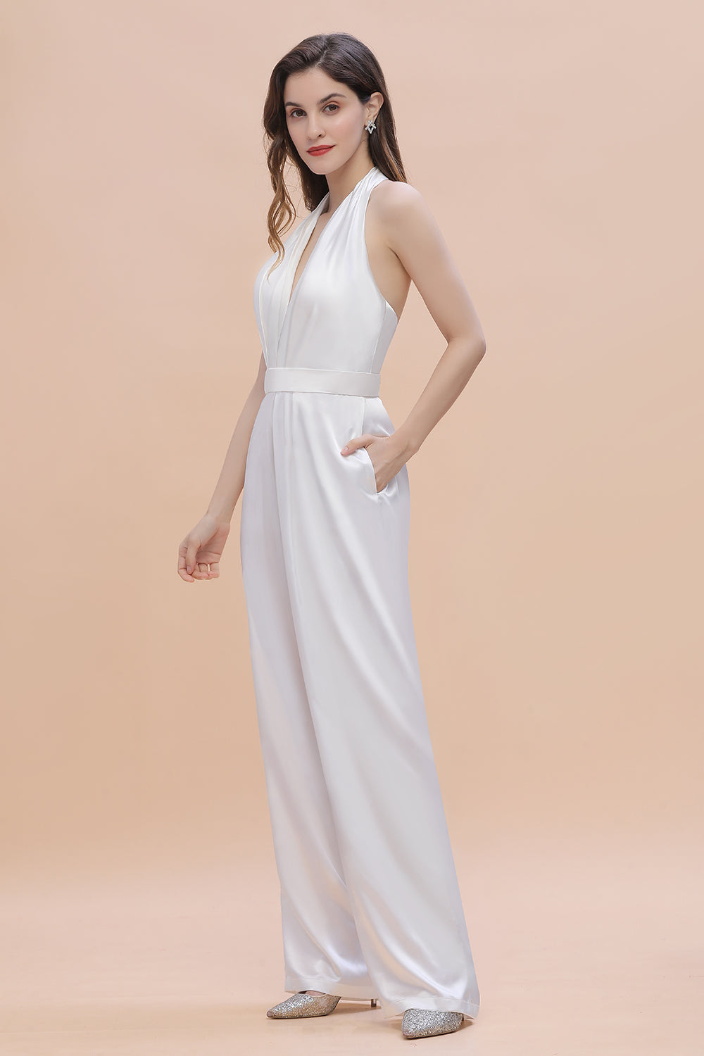 Sexy Deep-V-Neck Halter Backless Charmeuse Bridesmaid Jumpsuit Online-27dress