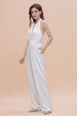 Sexy Deep-V-Neck Halter Backless Charmeuse Bridesmaid Jumpsuit Online-27dress