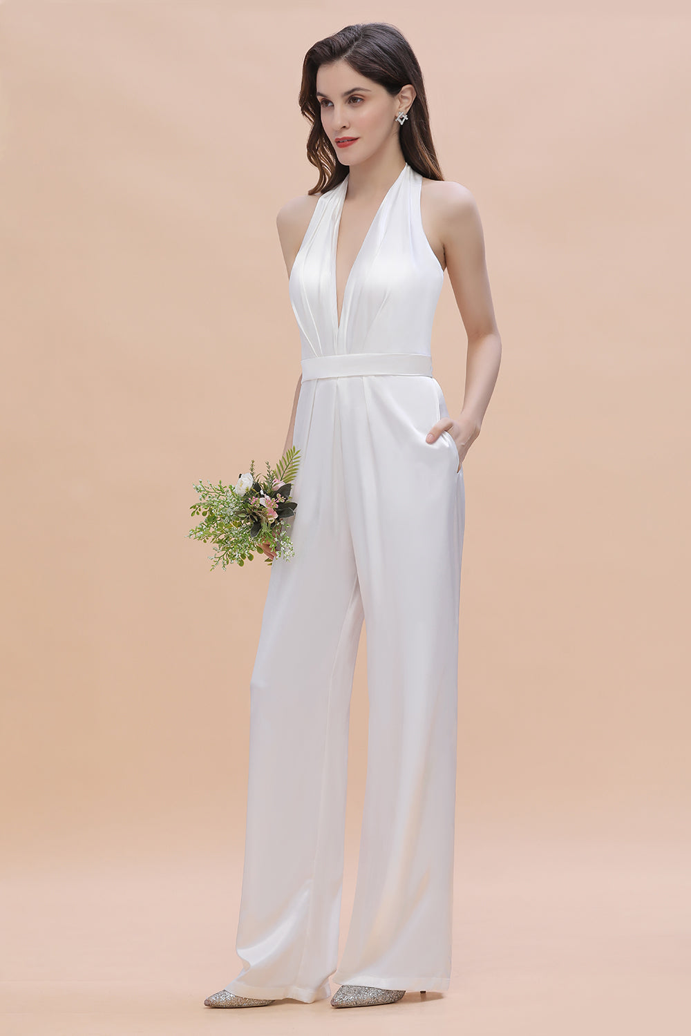 Sexy Deep-V-Neck Halter Backless Charmeuse Bridesmaid Jumpsuit Online-27dress