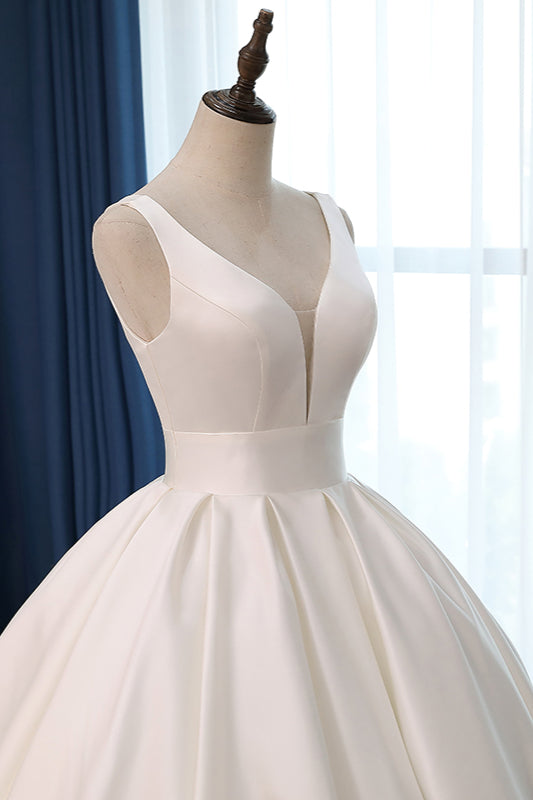 Sexy Deep-V-Neck Straps Satin Wedding Dress Ball Gown Ruffles Sleeveless Bridal Gowns Online-27dress