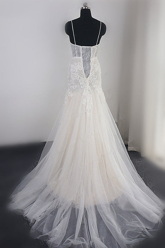 Sexy Deep-V-Neck Tulle Mermaid Wedding Dress Lace Appliques Spaghetti Straps Beadings Bridal Gowns Online-27dress