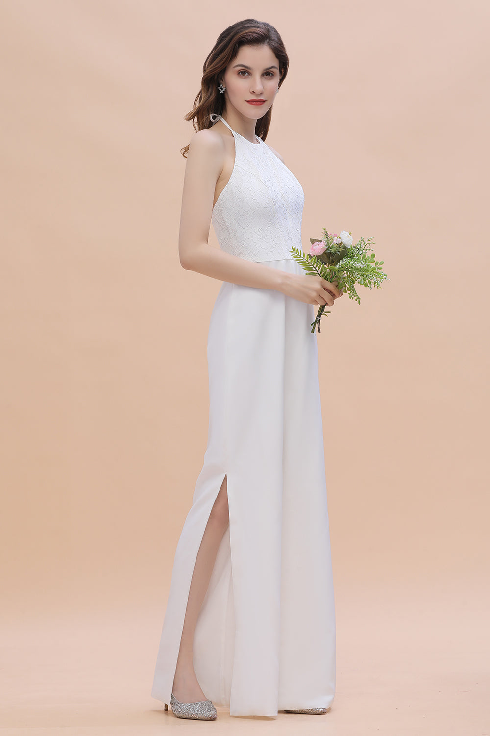 Sexy Halter Backless Lace Bridesmaid Jumpsuit with Slits On Sale-27dress