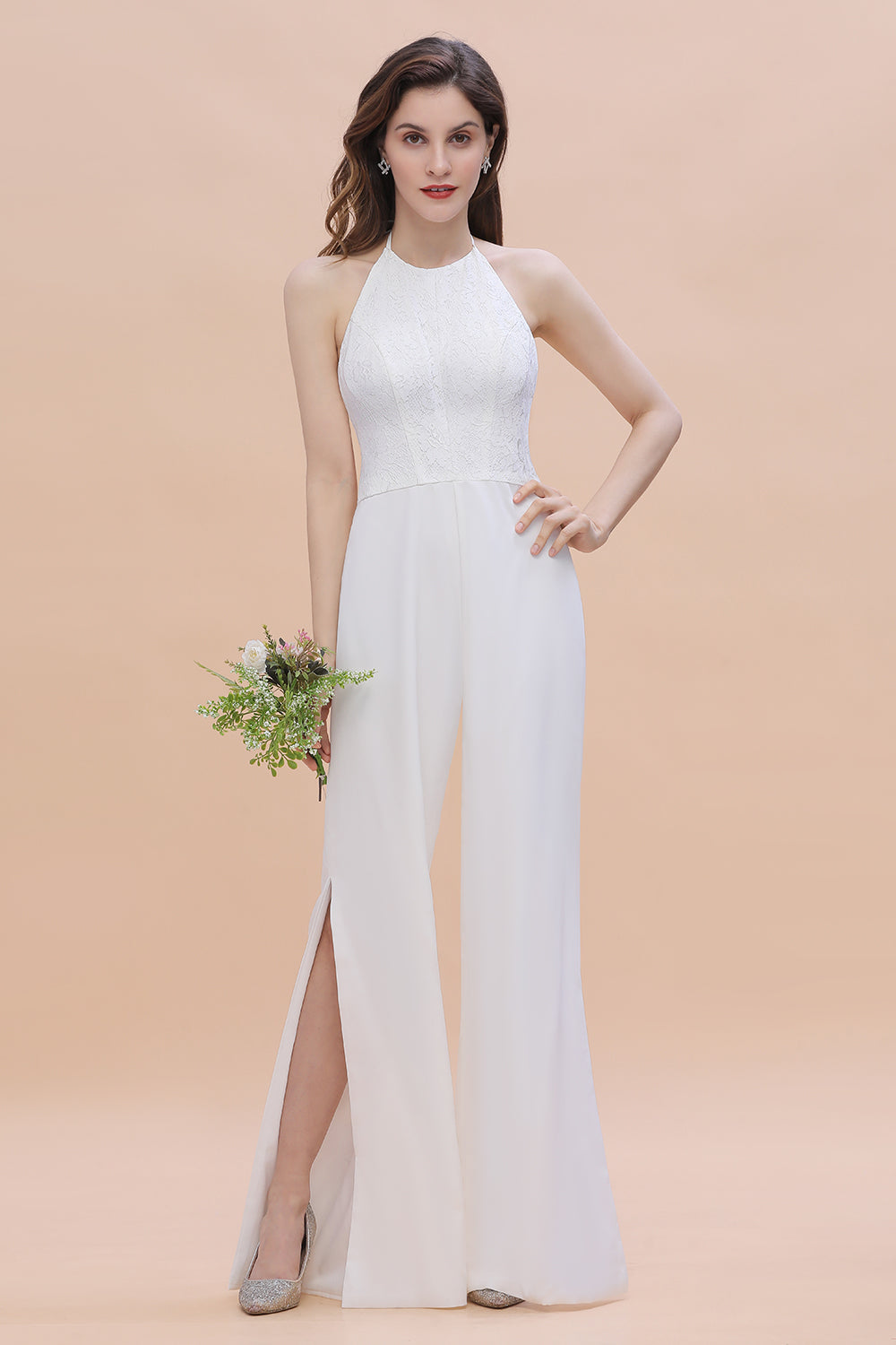 Sexy Halter Backless Lace Bridesmaid Jumpsuit with Slits On Sale-27dress