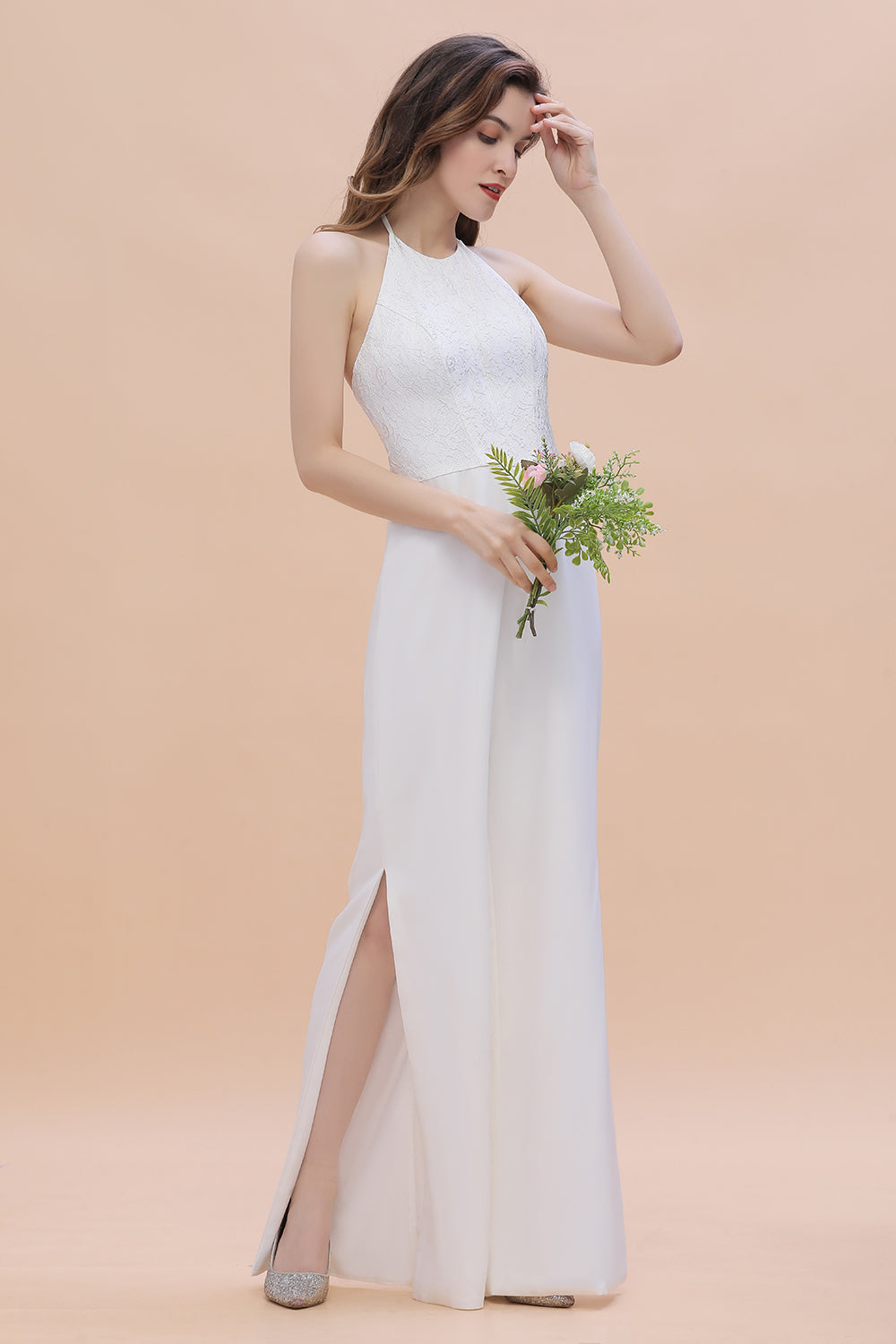 Sexy Halter Backless Lace Bridesmaid Jumpsuit with Slits On Sale-27dress