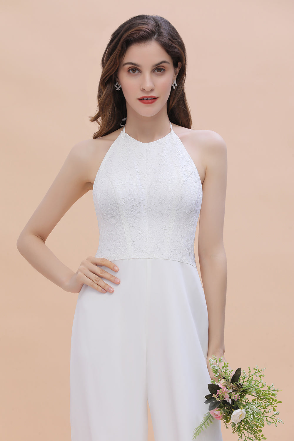 Sexy Halter Backless Lace Bridesmaid Jumpsuit with Slits On Sale-27dress