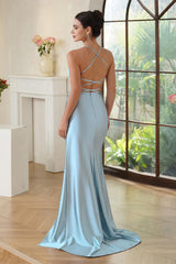 Sexy Light Blue V-neck Spaghetti Straps Long Prom Dress with Slit-27dress