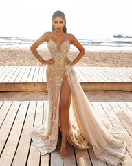 Sexy Long Mermaid Appliques Lace Split Wedding Dress With Side Train-27Dress