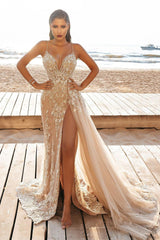 Sexy Long Mermaid Appliques Lace Split Wedding Dress With Side Train-27Dress