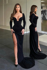 Sexy Long Sleeves Mermaid High Waist Long Prom Dress Black Online With Split